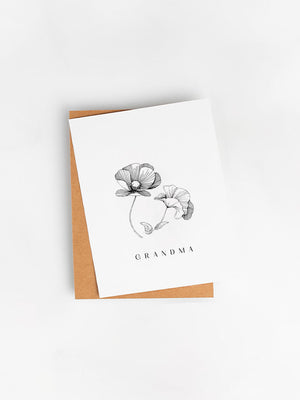 Mother's day card with delicate black flowers. Grandma card for mothers day. Black and white elegant card for grandma. 