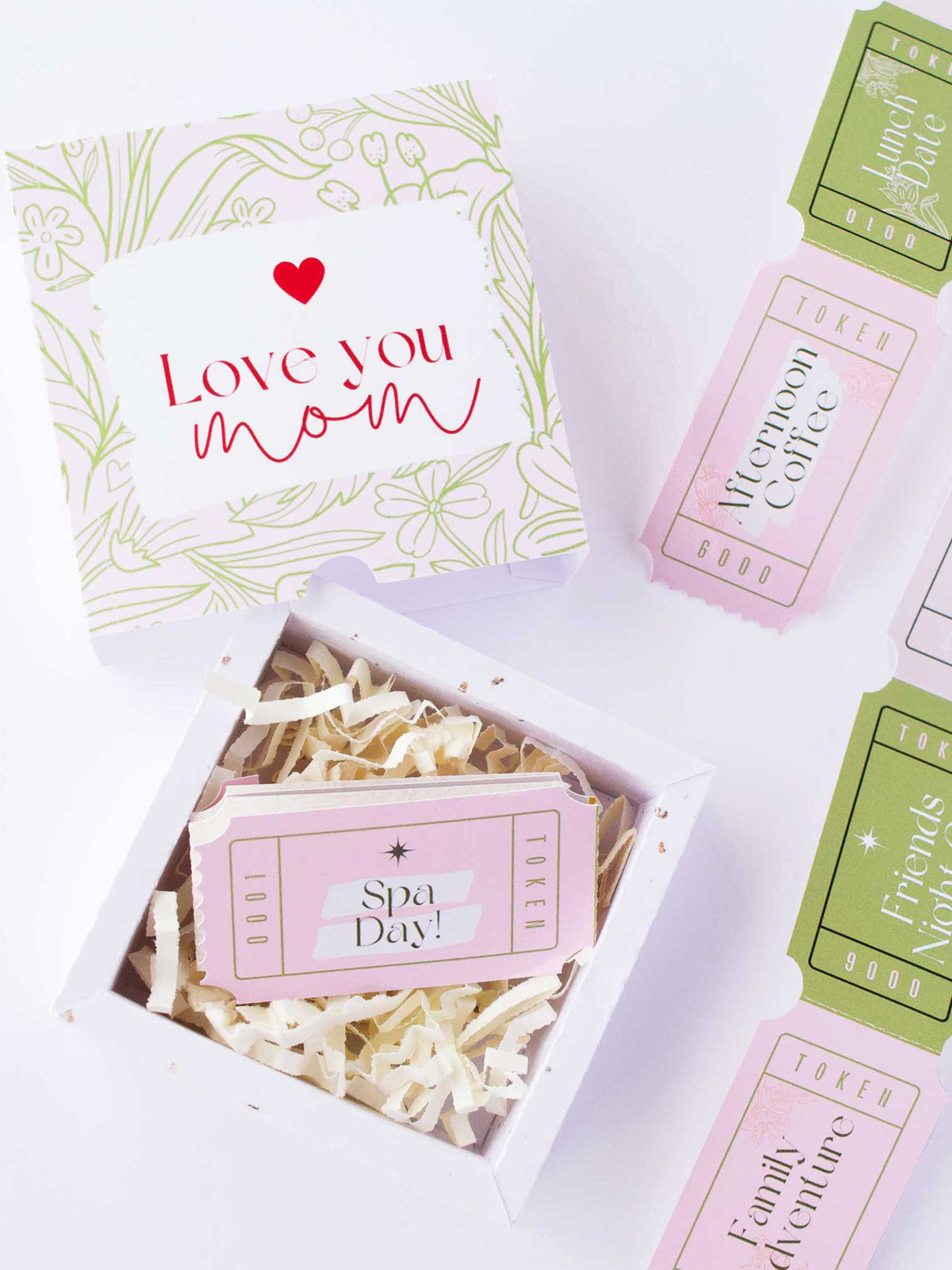 Love you Mom gift box. Neutral, floral gift for mothers day. Box filled with coupons, tickets or tokens. Each coupon is an activity to do with mom on mothers day. Unique gift for Mothers day from Daughter