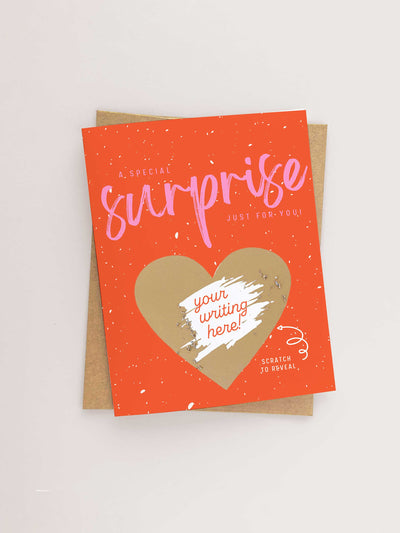 Scratch to reveal card. Bright Pink and Red Card with a Gold Scratch off heart. Message a special surprise just for you