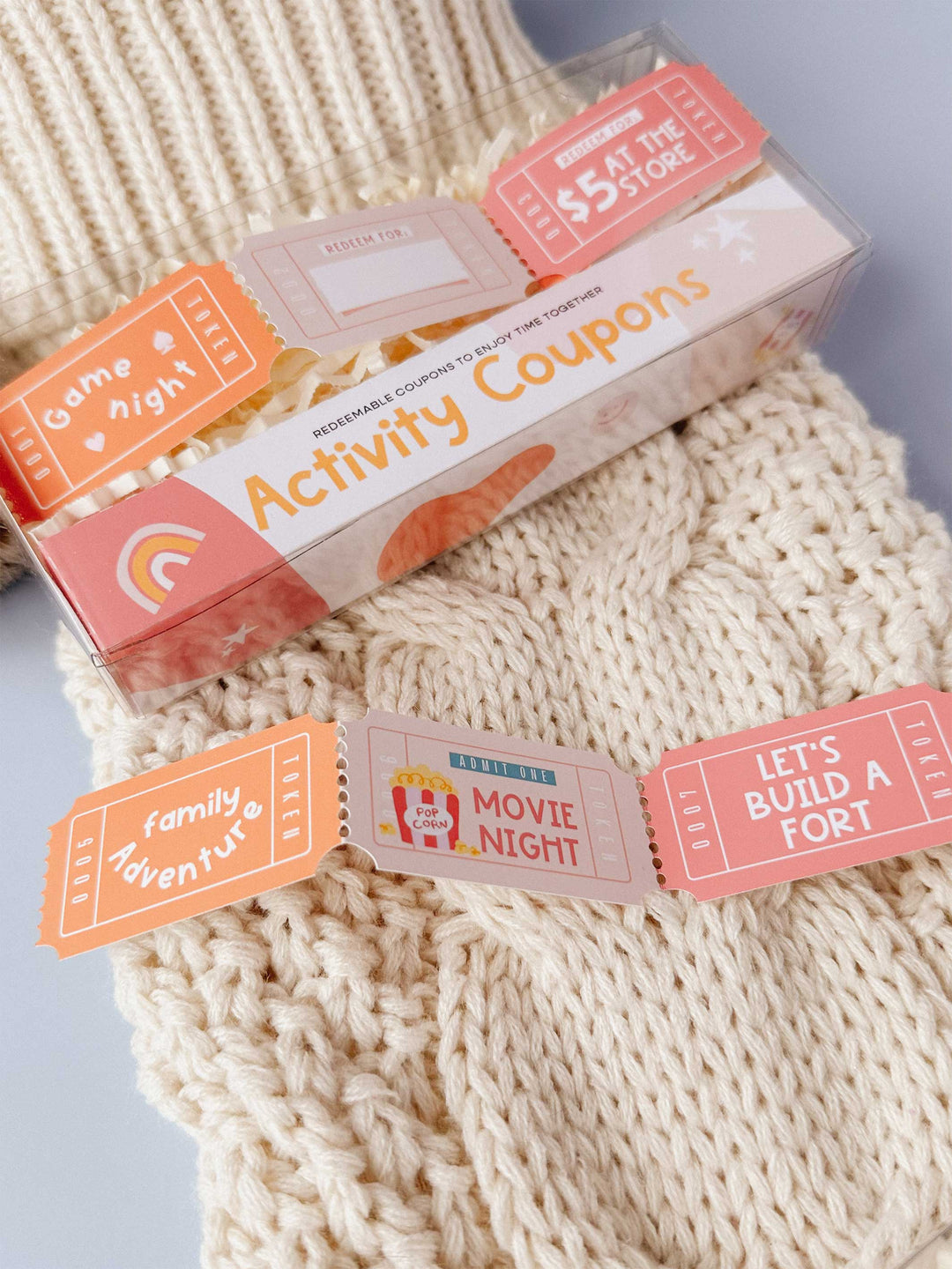 Birthday activity coupons for kids in a ready-to-gift clear box.