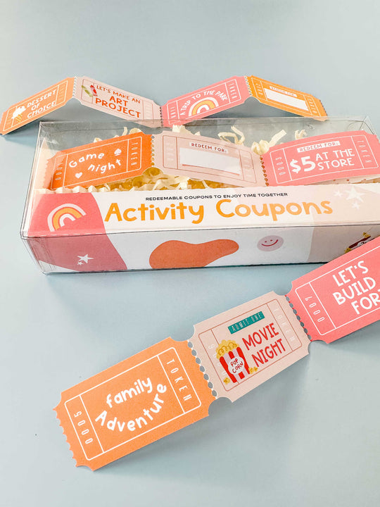 Birthday gift idea for kids who have enough toys, featuring activity coupons for family fun